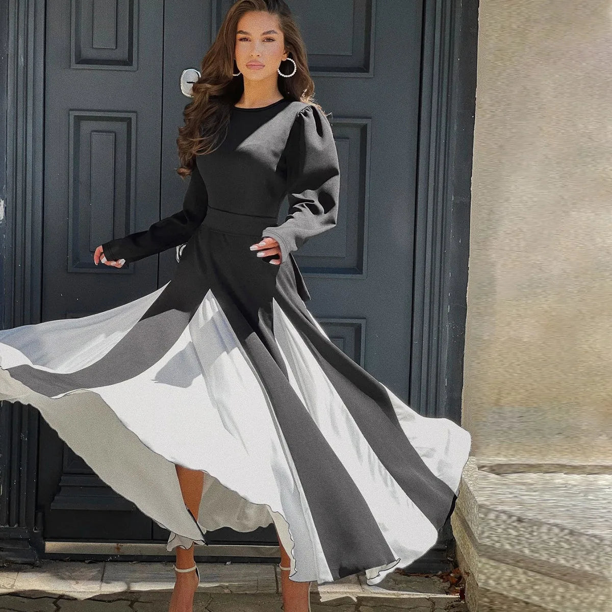 Women's Clothing 2025 Spring and Summer New Temperament Fashion Celebrity Style Contrasting Color Mid-waist Lace-up Dress