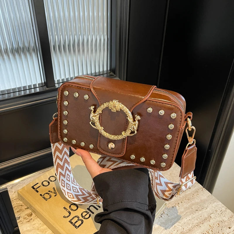 Luxury Rivet Pu Leather Crossbody Bag For Women 2024 New Wide Strap Shoulder Handbag And Purse Black Zipper Messenger Bags