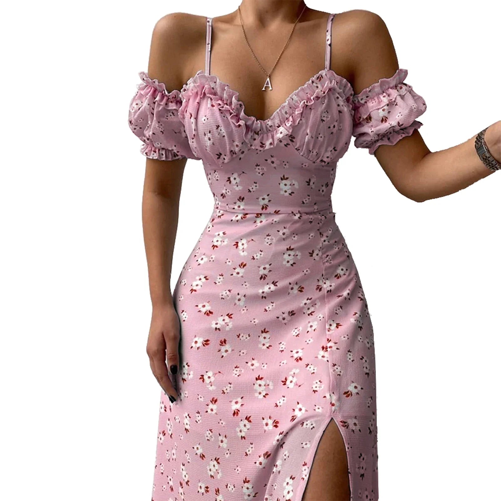New Summer Elegant Casual Floral Print Off Shoulder Split Dress Women Short Sleeve Slim Midi Dress for Club Party Holiday