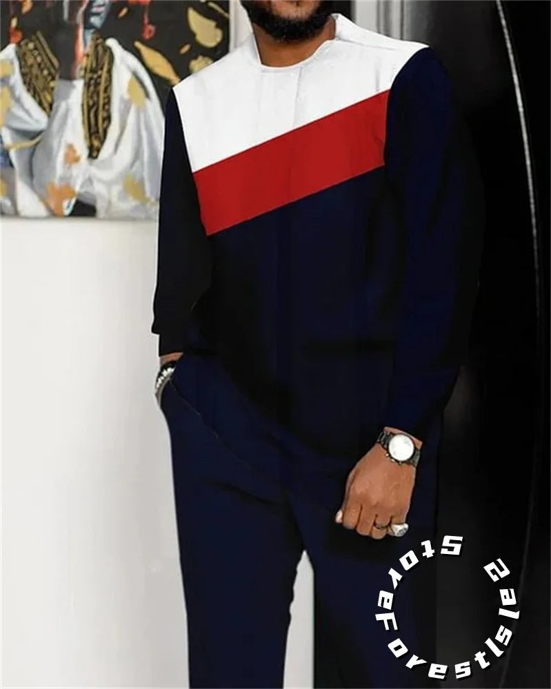 Fashion Clothing Set for Men Tracskuit Set Casual Walking Suit Ovrersize Streetwear Long Sleeve T-Shirt Trousers Outfit 2-piece