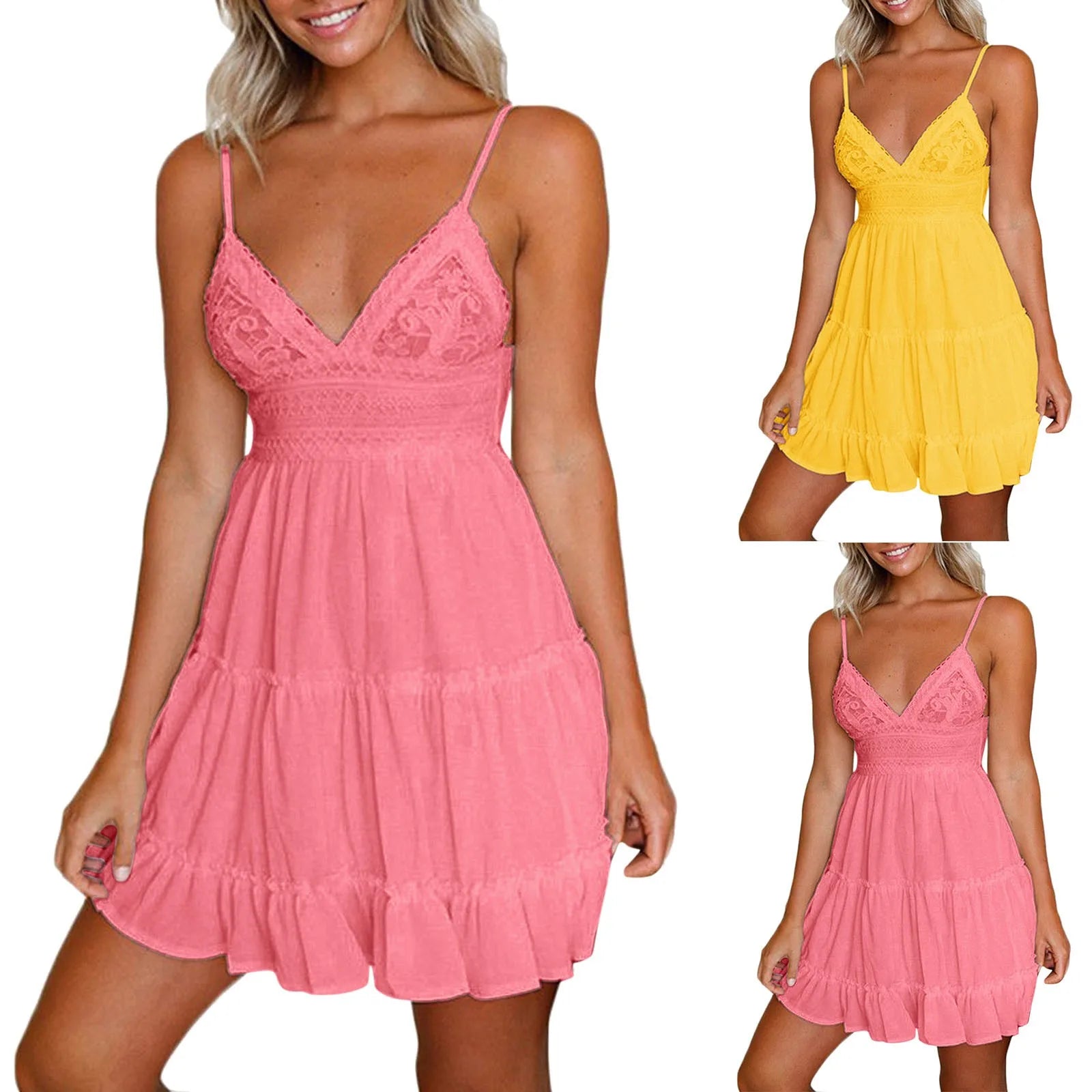 Women Summer Lace Short Dresses Casual V Neck Boho Ruffle Sleeveless A Line Beach Sun Dress Backless Sexy Dresses For Women