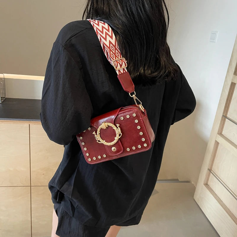 Luxury Rivet Pu Leather Crossbody Bag For Women 2024 New Wide Strap Shoulder Handbag And Purse Black Zipper Messenger Bags