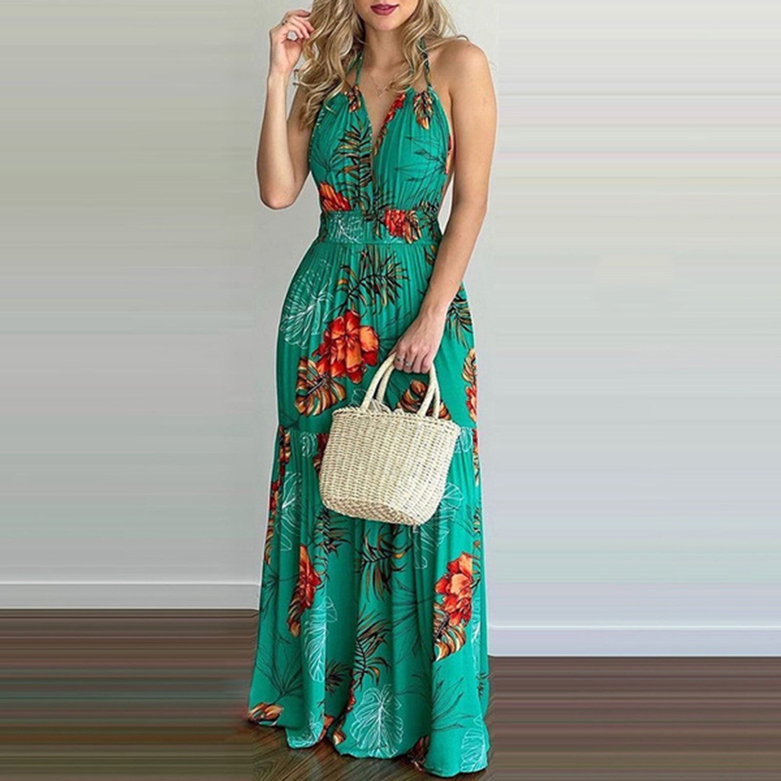 Women's Tropical Print Halter Maxi Dress - Backless Beach Summer Dress