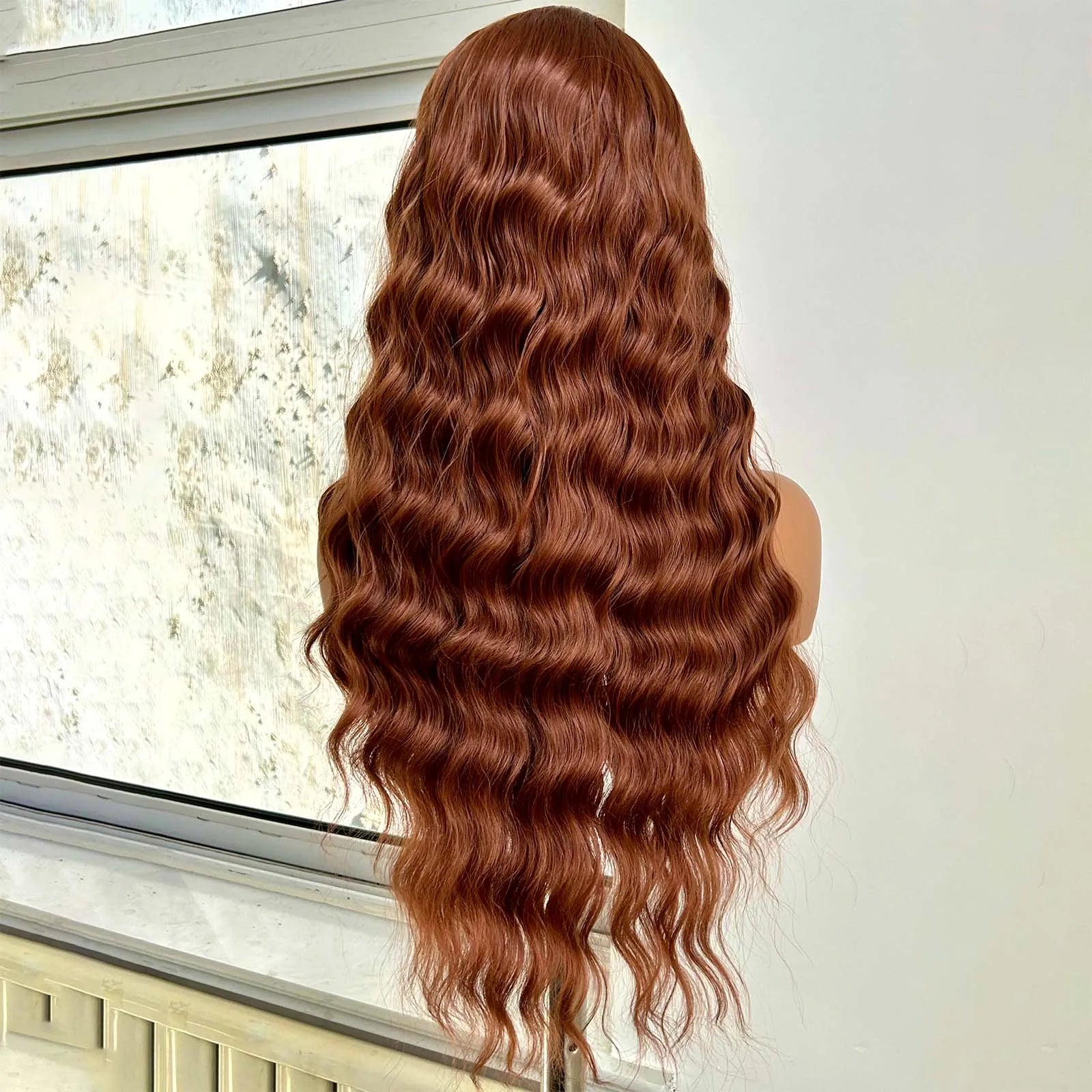 Ginger Brown Wig Long Curly Wavy Synthetic Middle Part Loose Deep Wave Auburn Colored 13X4 Frontal Wigs for Women Daily Party