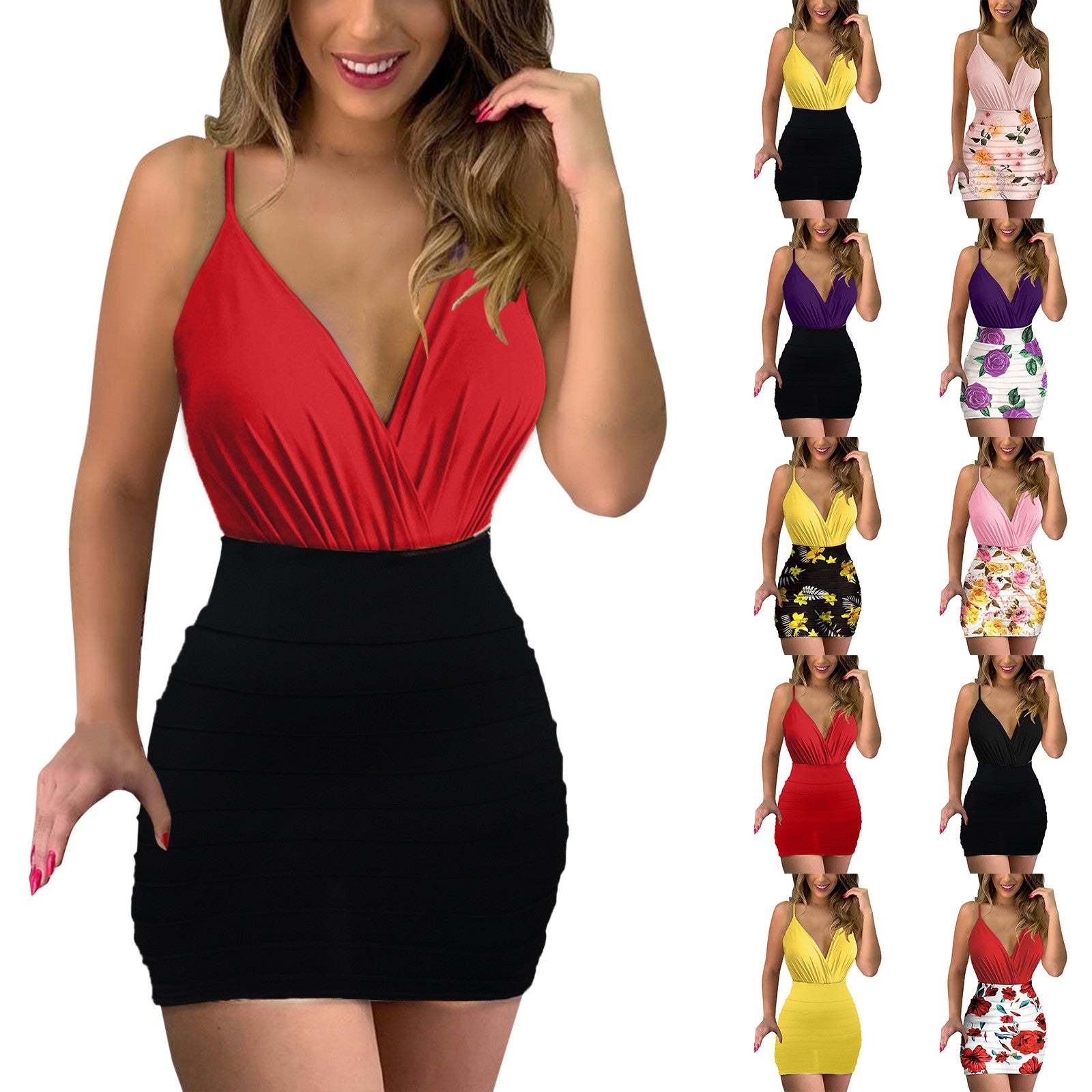 Women Summer Bodycon Mini Dress Sexy Deep V-Neck Floral Print Party Dress High Waist Sleeveless Pleated Backless Cocktail Dress