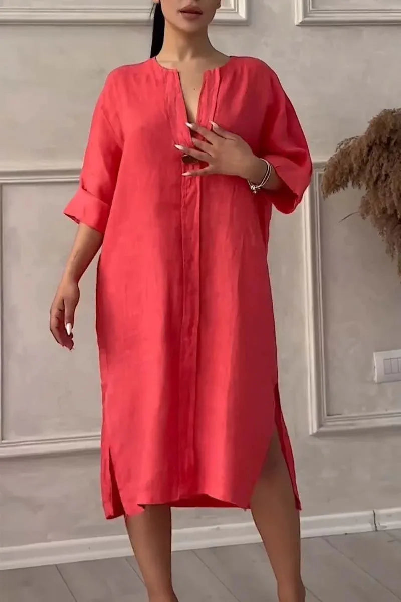 Elegant O-neck Long-sleeved Button Dress For Women's Summer Cotton And Linen Solid Color Loose Casual Simple Shirts Dress Female