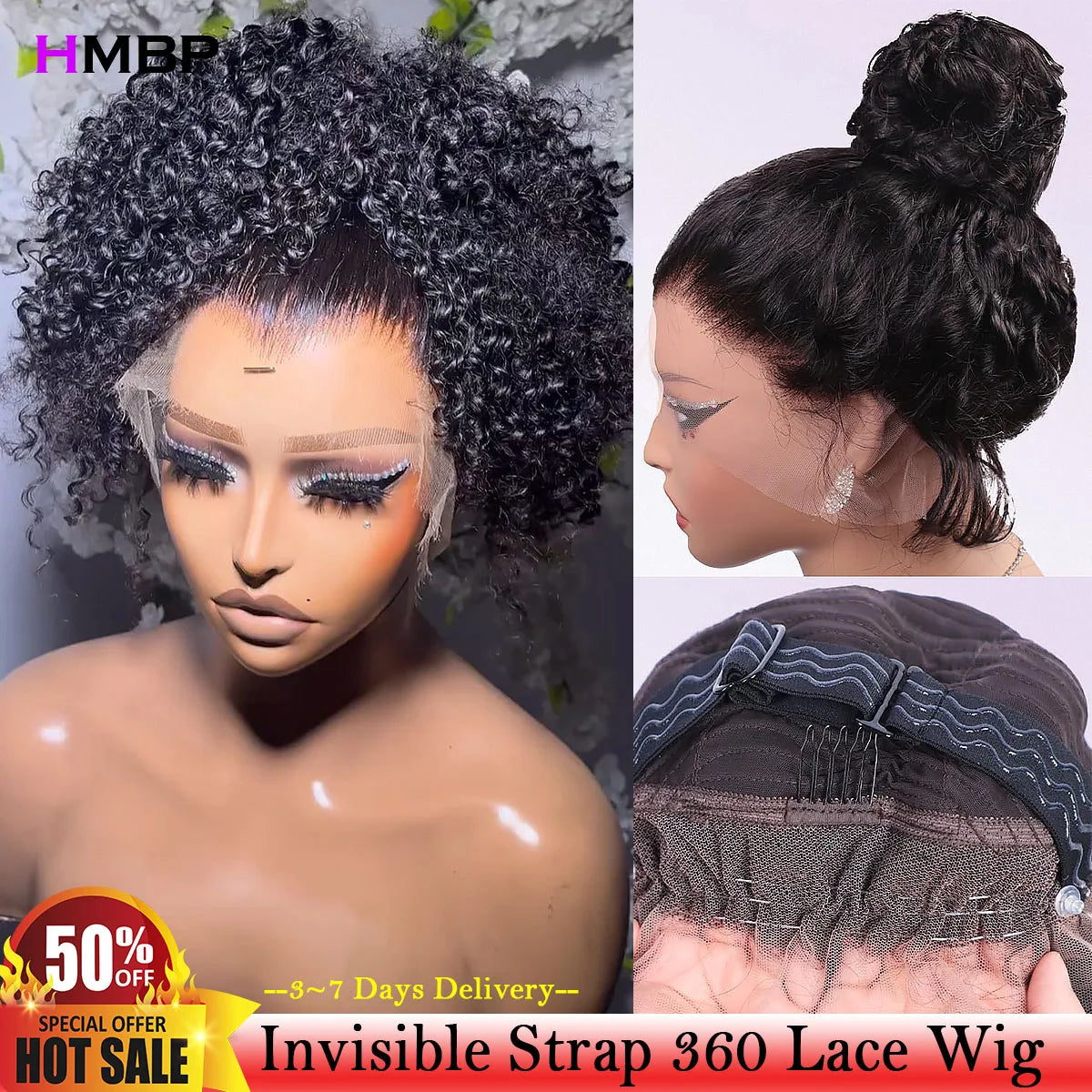 Invisi Strap 360 Full Lace Glueless Human Hair Wigs Kinky Curly Hidden Strap 360 Lace Wig Invisi Strap Snug Fit 360 HD Lace Wigs
