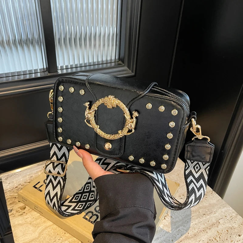 Luxury Rivet Pu Leather Crossbody Bag For Women 2024 New Wide Strap Shoulder Handbag And Purse Black Zipper Messenger Bags
