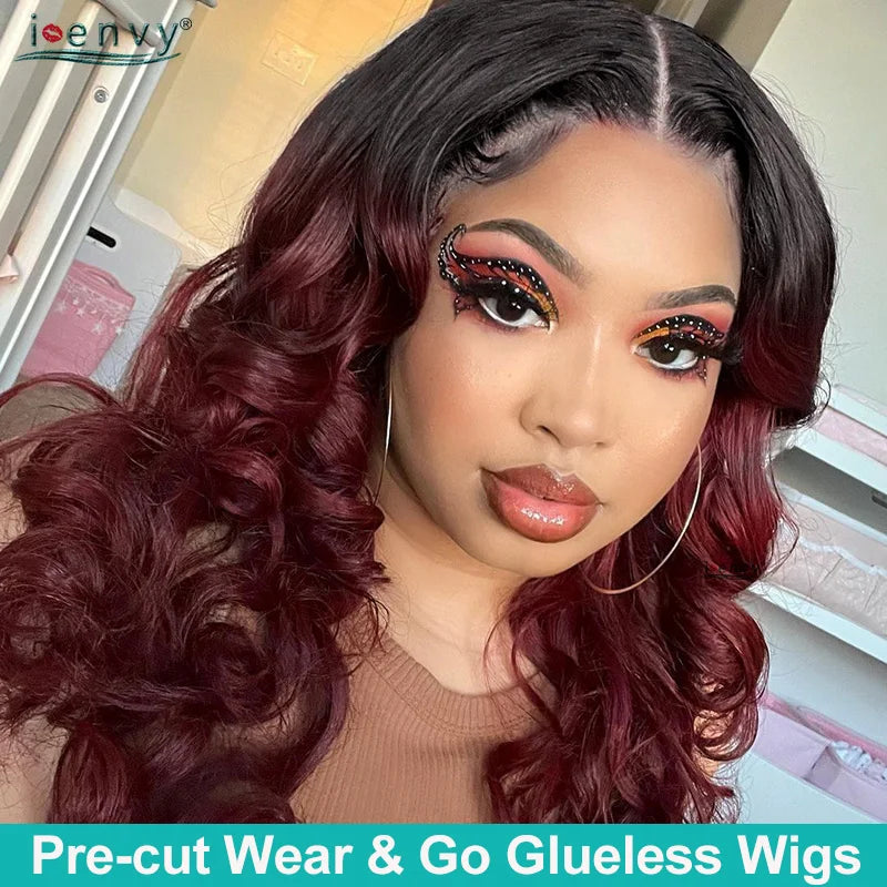 Burgundy Wear And Go Glueless Wigs Human Hair Body Wave Wigs For Women 4X4 Lace Closure Wig Ready To Wear Curly Human Hair Wigs