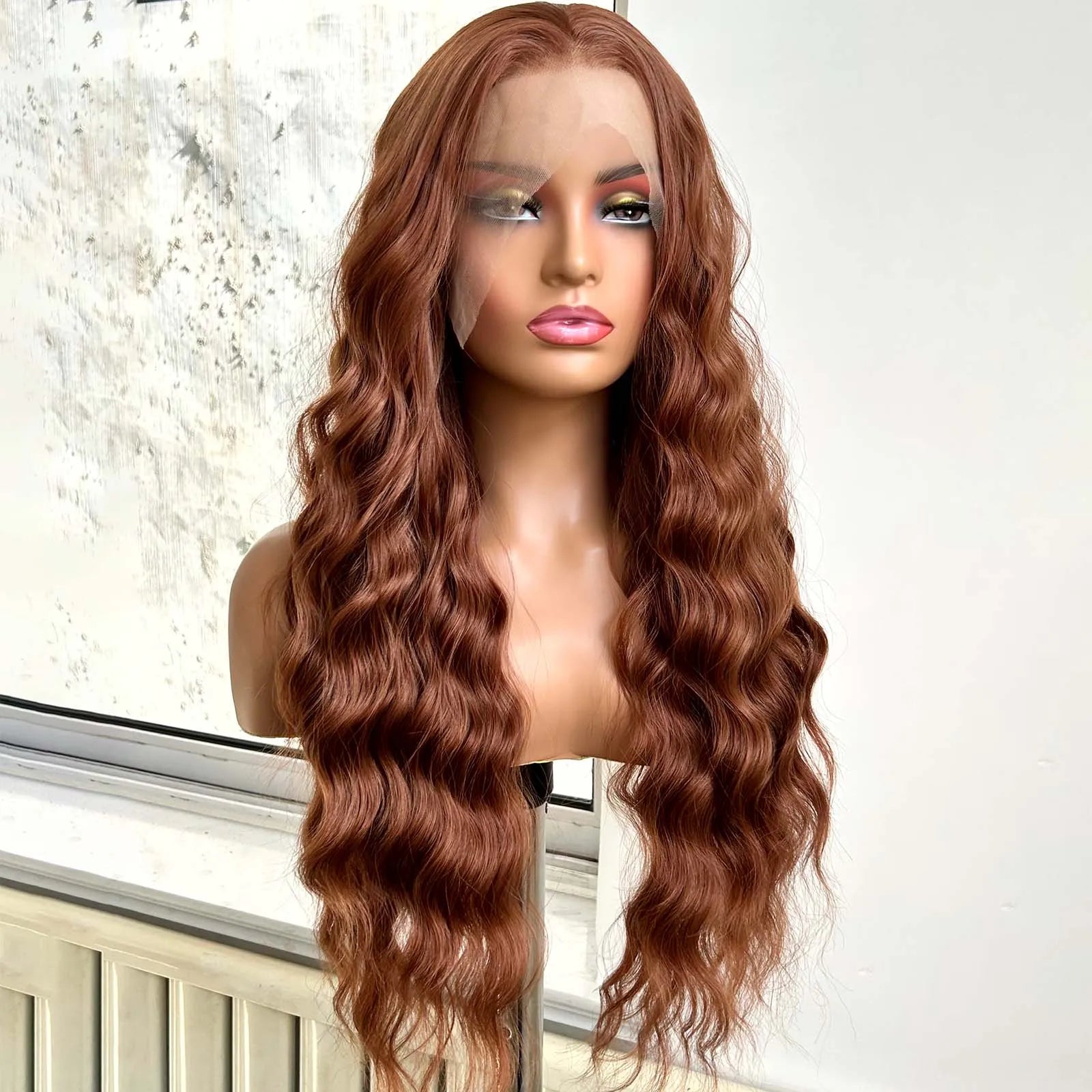 Ginger Brown Wig Long Curly Wavy Synthetic Middle Part Loose Deep Wave Auburn Colored 13X4 Frontal Wigs for Women Daily Party