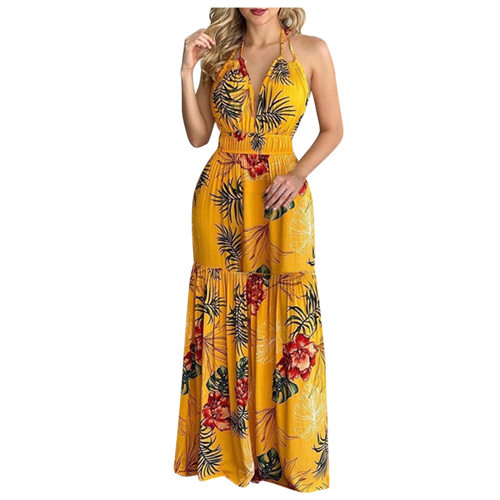 Women's Tropical Print Halter Maxi Dress - Backless Beach Summer Dress
