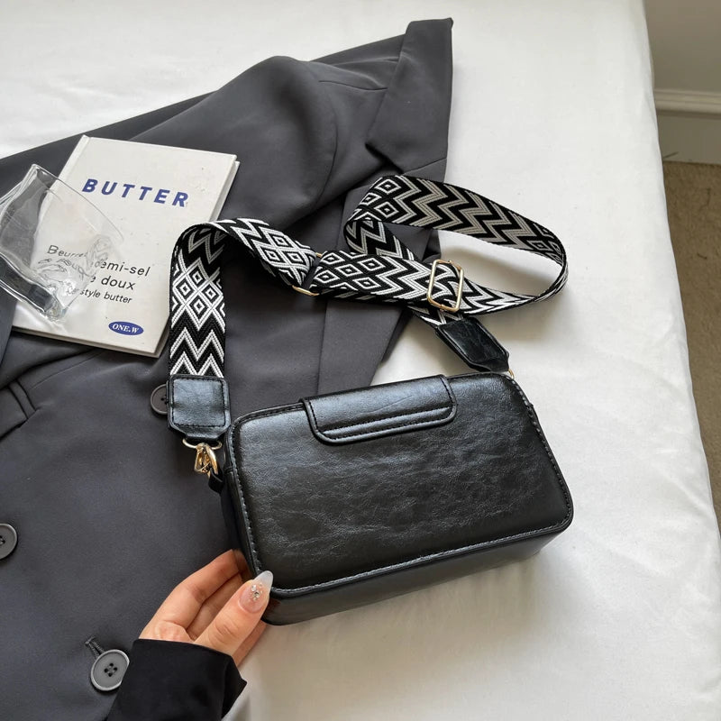 Luxury Rivet Pu Leather Crossbody Bag For Women 2024 New Wide Strap Shoulder Handbag And Purse Black Zipper Messenger Bags