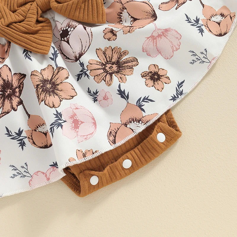 Pudcoco Baby Girl Summer Jumpsuit Floral Print Lace Patchwork Romper Dress and Headband Set Cute Fashion Clothes Outfits 0-18M