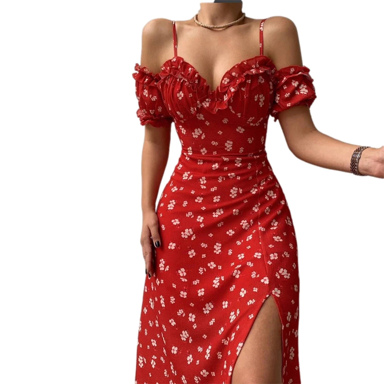 New Summer Elegant Casual Floral Print Off Shoulder Split Dress Women Short Sleeve Slim Midi Dress for Club Party Holiday
