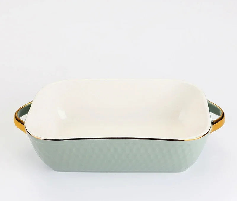 Golden Side Baking Tray Rectangle Oval Ceramic Glaze Baking Pan Barbecue Salad Plate Oven Kitchen Bableware