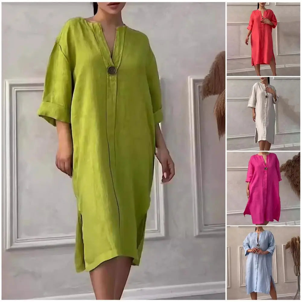 Summer Women Dress V Neck Side Split Loose Pullover Button Pure Color Long Sleeves Casual Daily Wear Midi Dress