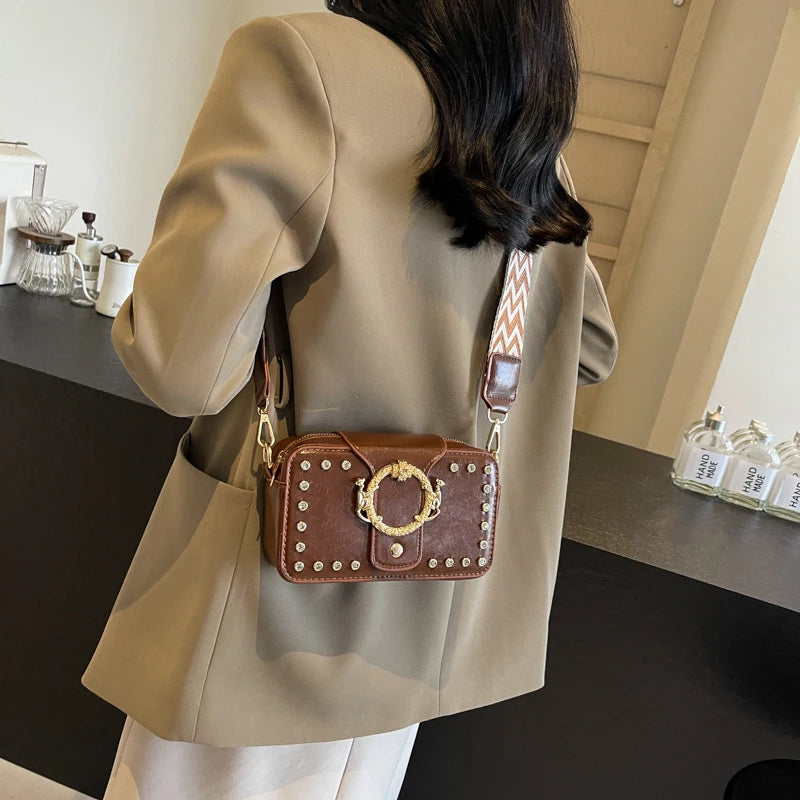 Luxury Rivet Pu Leather Crossbody Bag For Women 2024 New Wide Strap Shoulder Handbag And Purse Black Zipper Messenger Bags