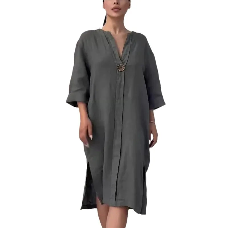 Elegant O-neck Long-sleeved Button Dress For Women's Summer Cotton And Linen Solid Color Loose Casual Simple Shirts Dress Female