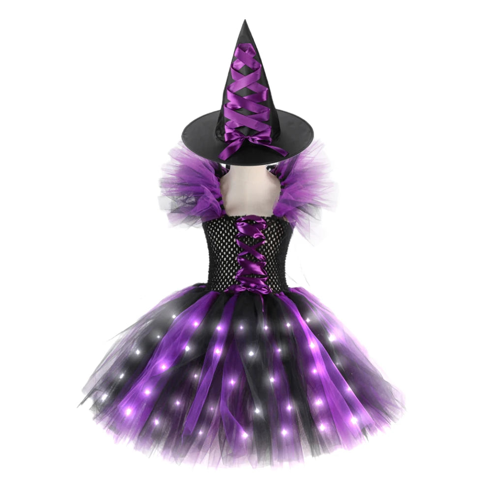 Halloween Costume For Kids Girls Witch Cosplay Tutu Knee LED Dress With Hat Broom Children Carnival Vestidos Fancy Clothes New