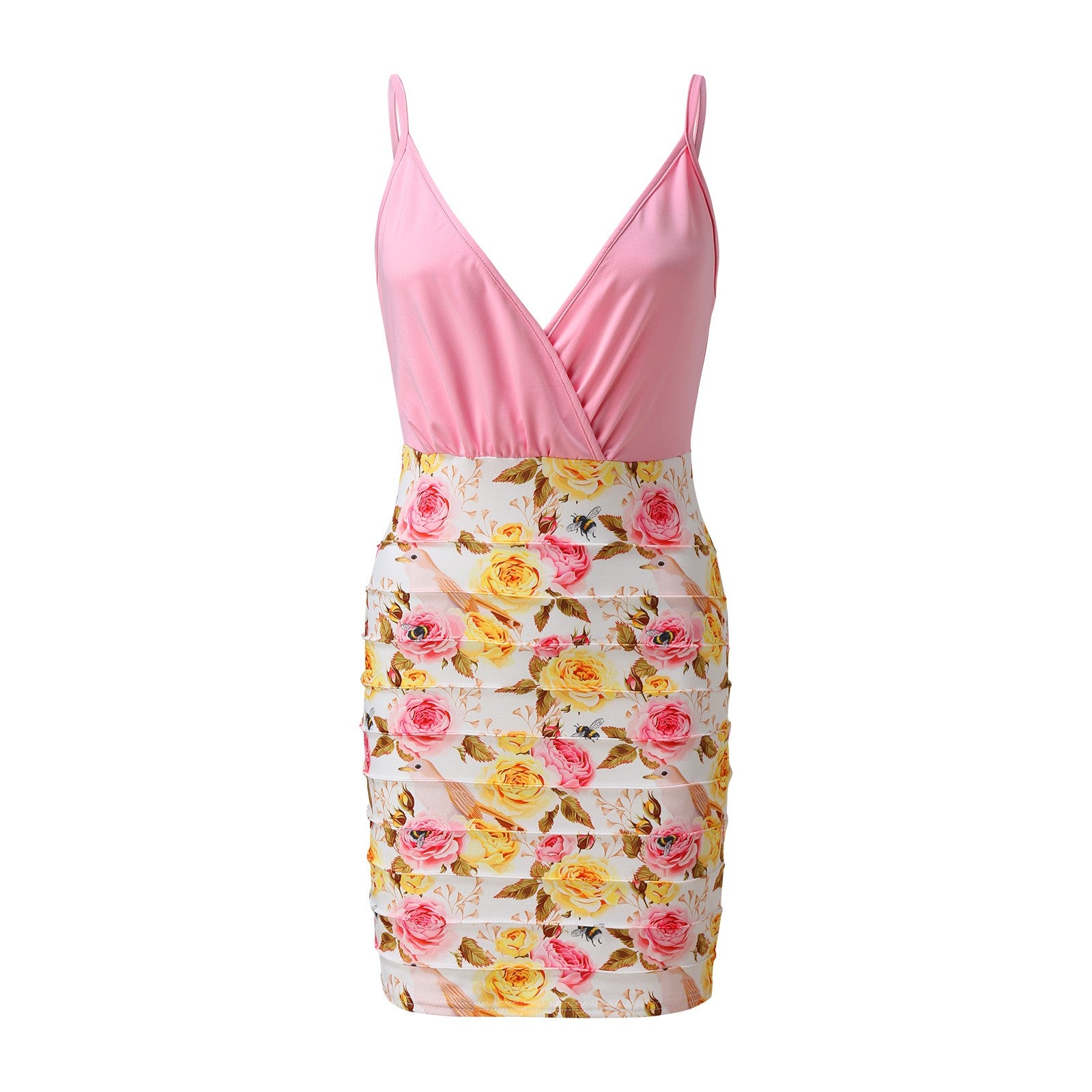 Women Summer Bodycon Mini Dress Sexy Deep V-Neck Floral Print Party Dress High Waist Sleeveless Pleated Backless Cocktail Dress