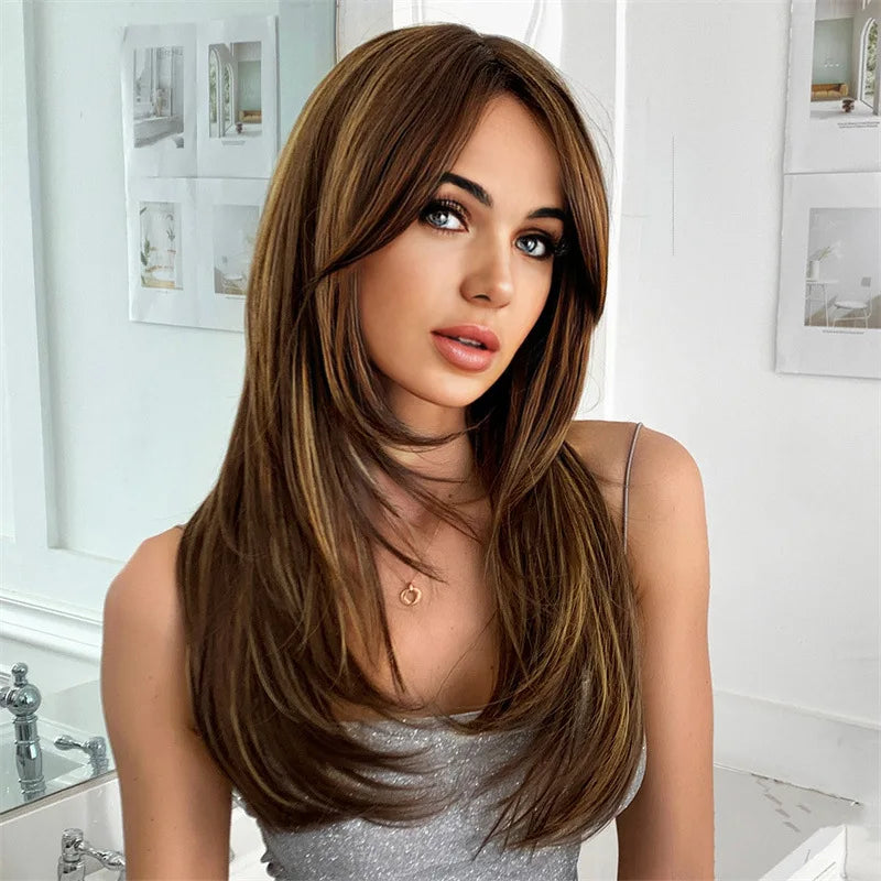 Wig female brown highlights medium long curly synthetic high temperature silk mechanism full head set wig