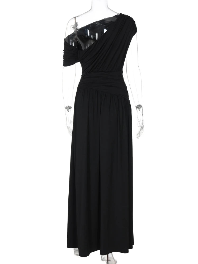 Women's Elegant Diagonal Collar Ruched Asymmetrical Dress 2025 Summer One Shoulder Sleeveless Irregular Long Party Prom Dresses