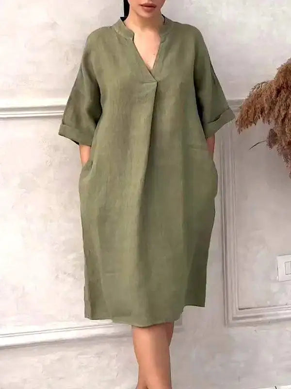 Fashion Cotton And Linen Women's V-neck Loose Dress 2025 Spring And Summer Solid Color Casual Short Sleeved Pocket Midi Dresses