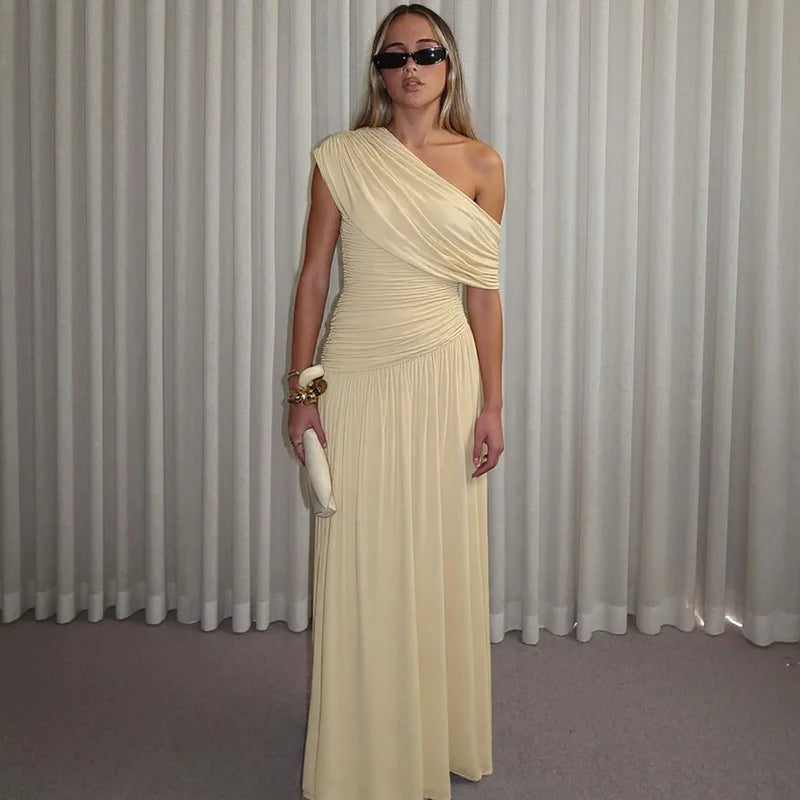 Women's Elegant Diagonal Collar Ruched Asymmetrical Dress 2025 Summer One Shoulder Sleeveless Irregular Long Party Prom Dresses