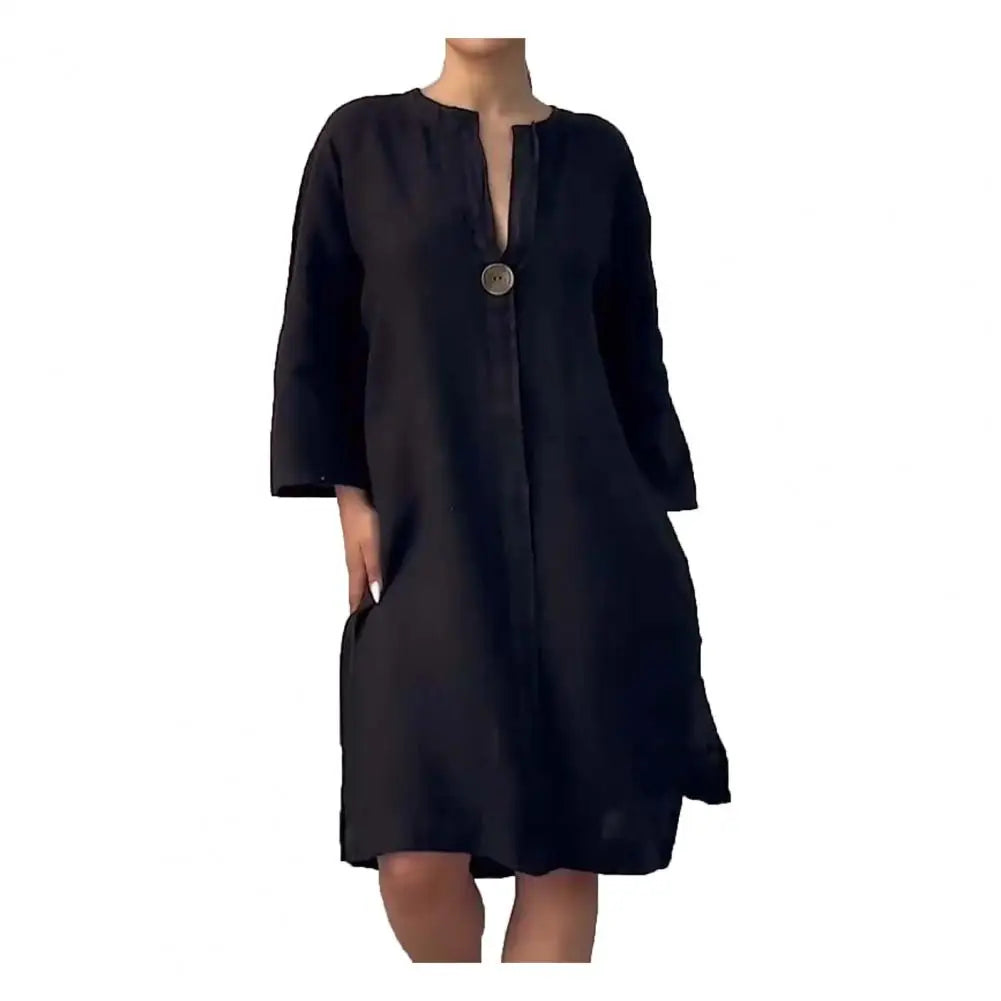 Soft Fabric Women Dress Button V-neck Dress Women's Loose V Neck A-line Midi Dress with Three Quarter Sleeves for Wear