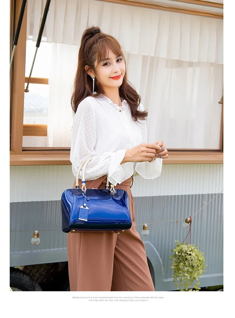 Luxury Designer Handbag Shiny Leather Boston Bag 2024 Fashion New Blue Red Black Beige Pink Bags for Women