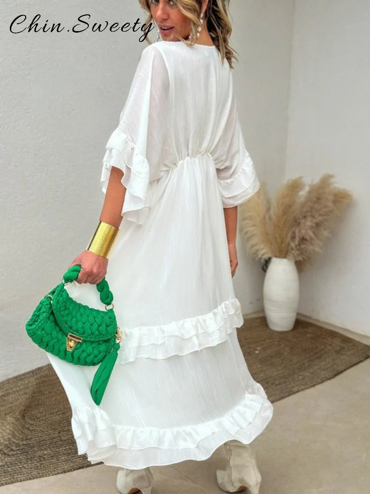 Elegant Ruffles Long Pleated Dress Women Loose Solid V-neck Half Sleeve Ruched Dresses 2025 Spring Summer Lady Vacation Robe New