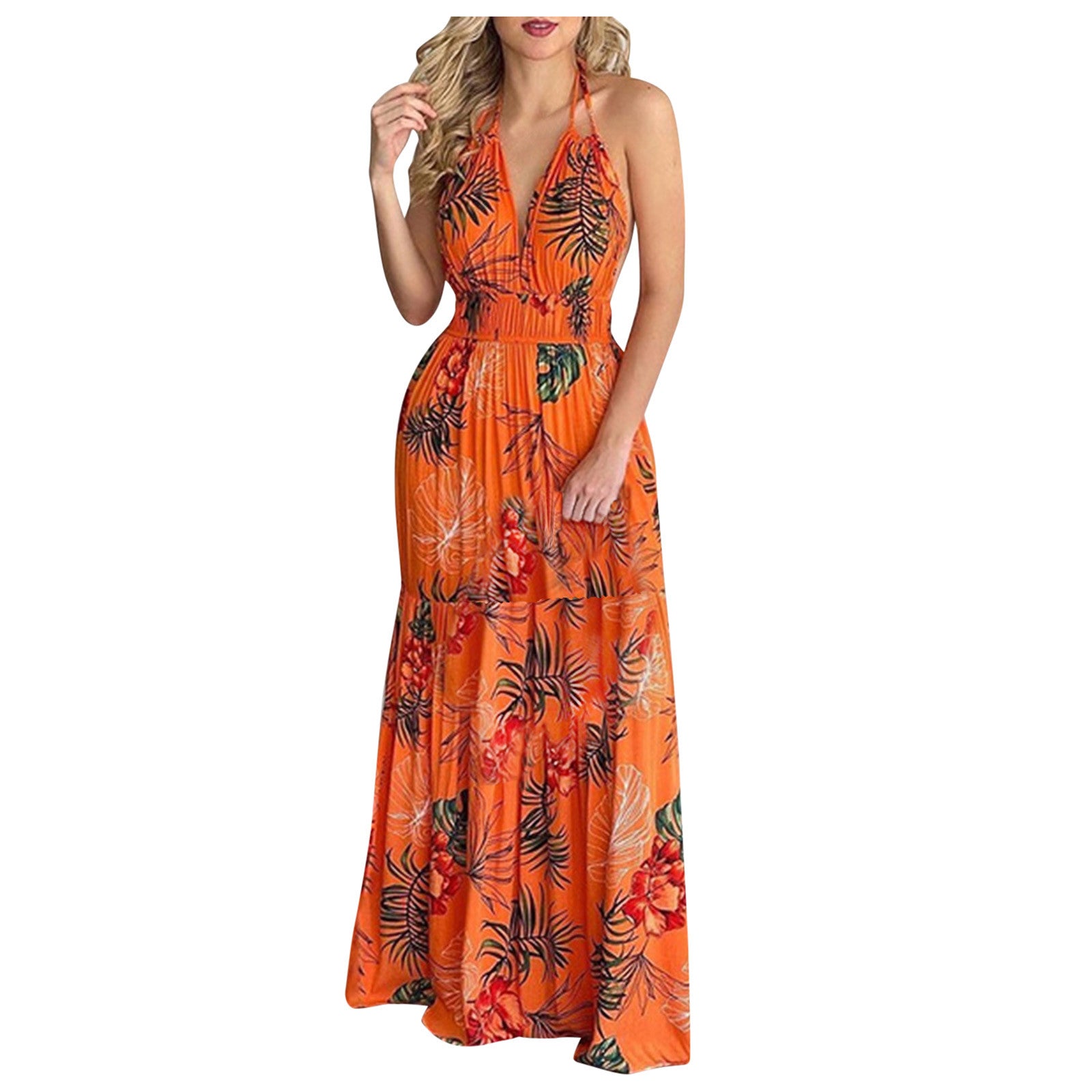 Women's Tropical Print Halter Maxi Dress - Backless Beach Summer Dress