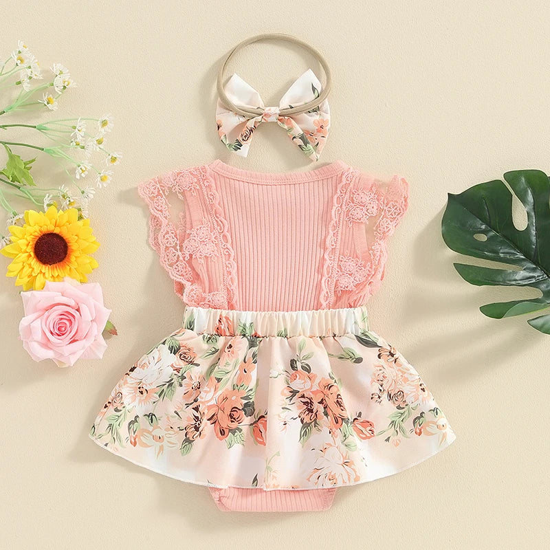 Pudcoco Baby Girl Summer Jumpsuit Floral Print Lace Patchwork Romper Dress and Headband Set Cute Fashion Clothes Outfits 0-18M