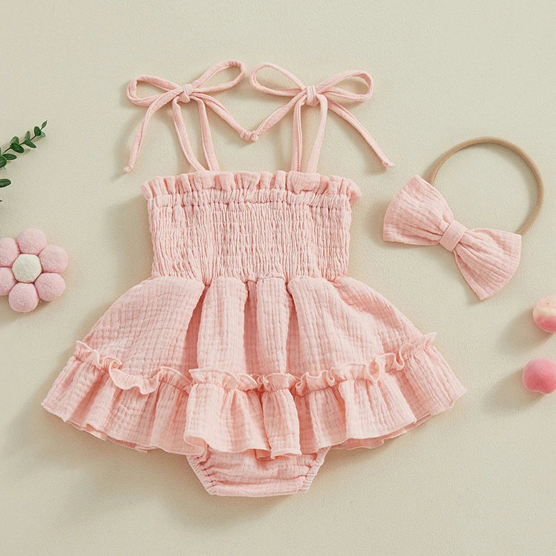 Lioraitiin Newborn Baby Girls Romper Dress Summer Clothes Sleeveless Solid Color Tie Up Spaghetti Strap Jumpsuit With Headband