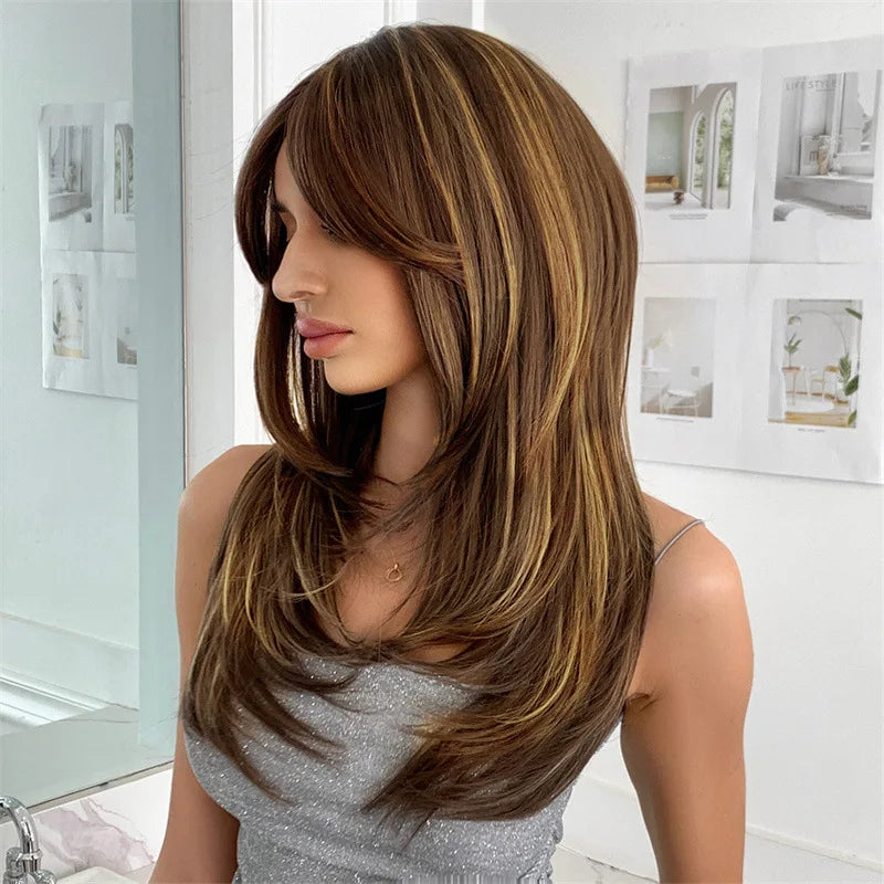 Wig female brown highlights medium long curly synthetic high temperature silk mechanism full head set wig