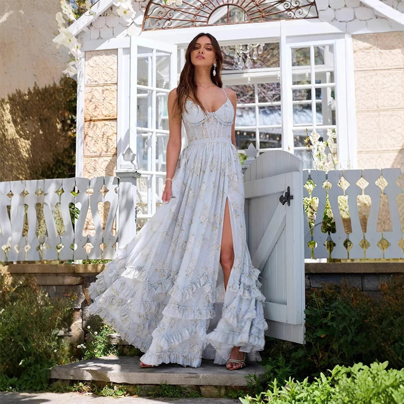 Elegant Off Shoulder Floral Print Prom Dress Ruffle Side High Split Lace Vestidos Princess Shiny Floor-length Evening Dresses