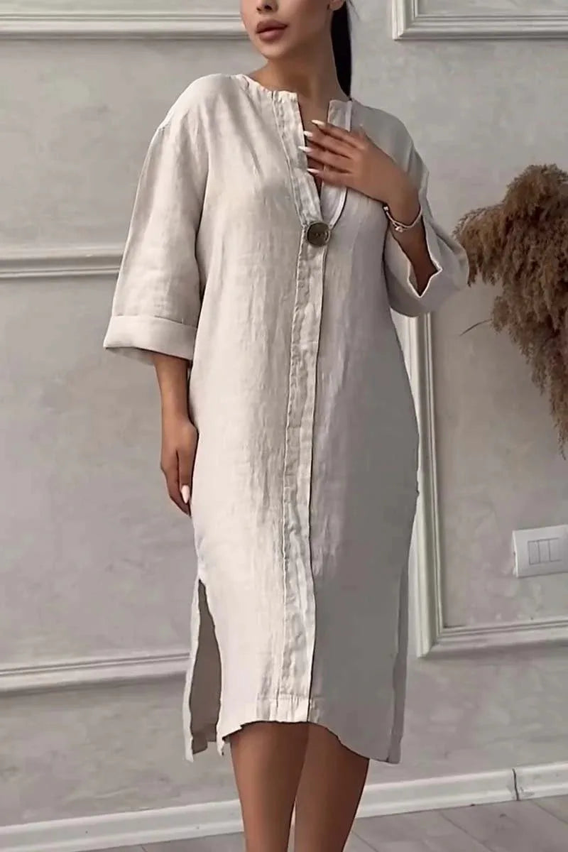 Elegant O-neck Long-sleeved Button Dress For Women's Summer Cotton And Linen Solid Color Loose Casual Simple Shirts Dress Female