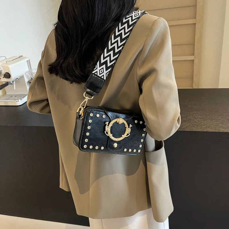 Luxury Rivet Pu Leather Crossbody Bag For Women 2024 New Wide Strap Shoulder Handbag And Purse Black Zipper Messenger Bags
