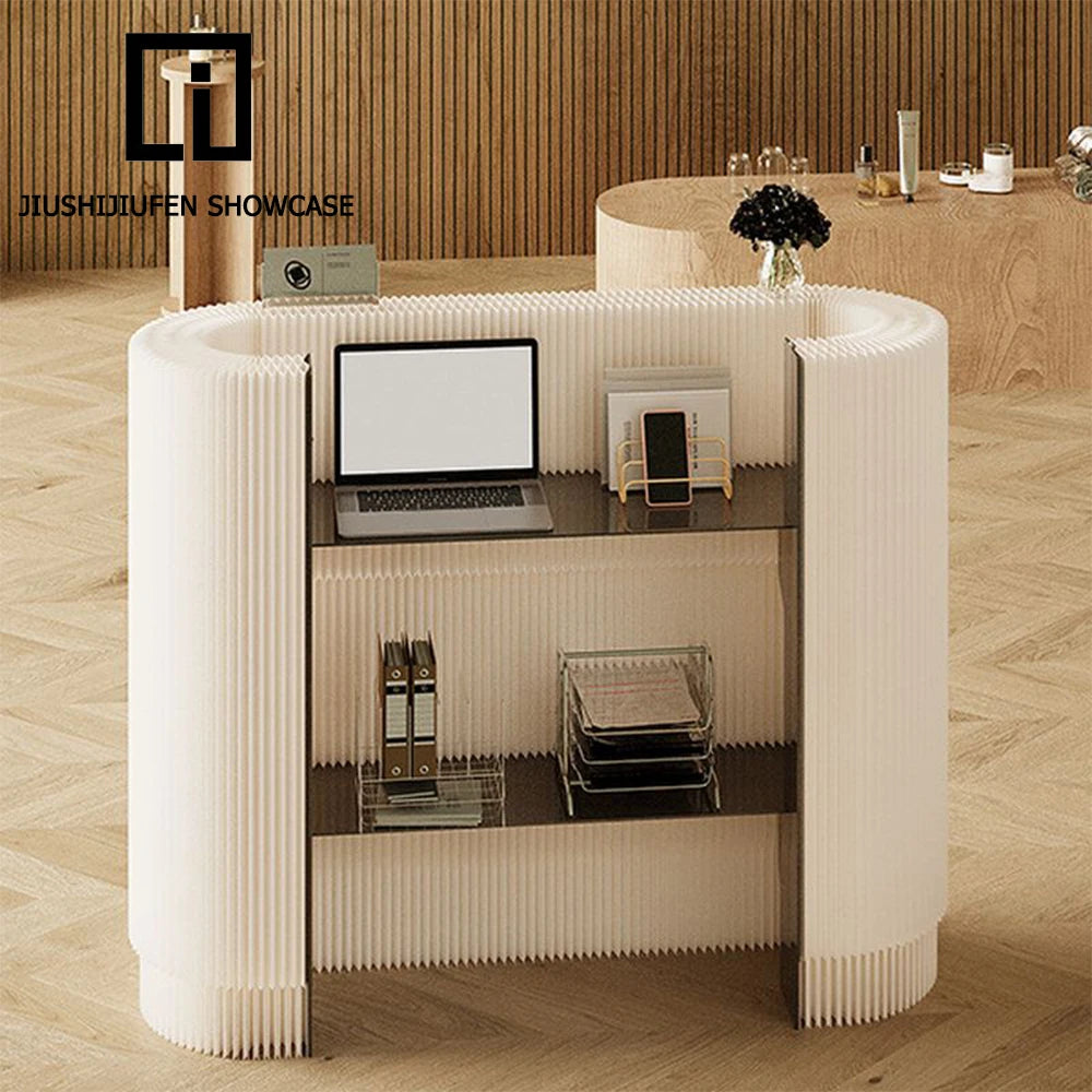 Modern Eco-Friendly White Folding Commodity Shelf Kraft Paper Front Desk Reception Desk Display Stand Checkout Counters