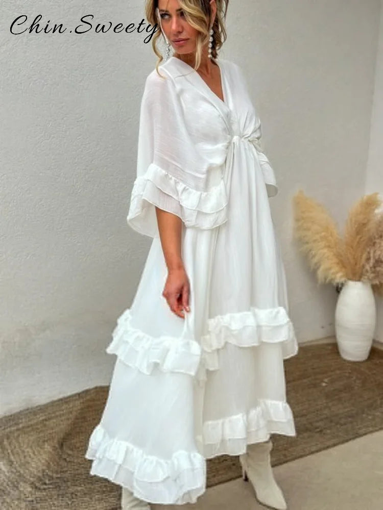 Elegant Ruffles Long Pleated Dress Women Loose Solid V-neck Half Sleeve Ruched Dresses 2025 Spring Summer Lady Vacation Robe New