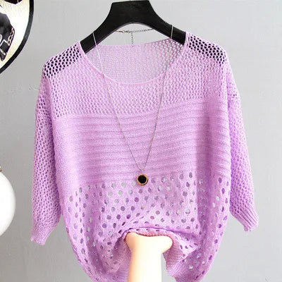 Spring and Summer New Ice Silk Knitted Vest Top Hollow Out Thin Bottoming Sling Streetwear Womens Clothing White Shirt 13686