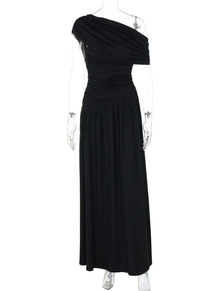 Women's Elegant Diagonal Collar Ruched Asymmetrical Dress 2025 Summer One Shoulder Sleeveless Irregular Long Party Prom Dresses