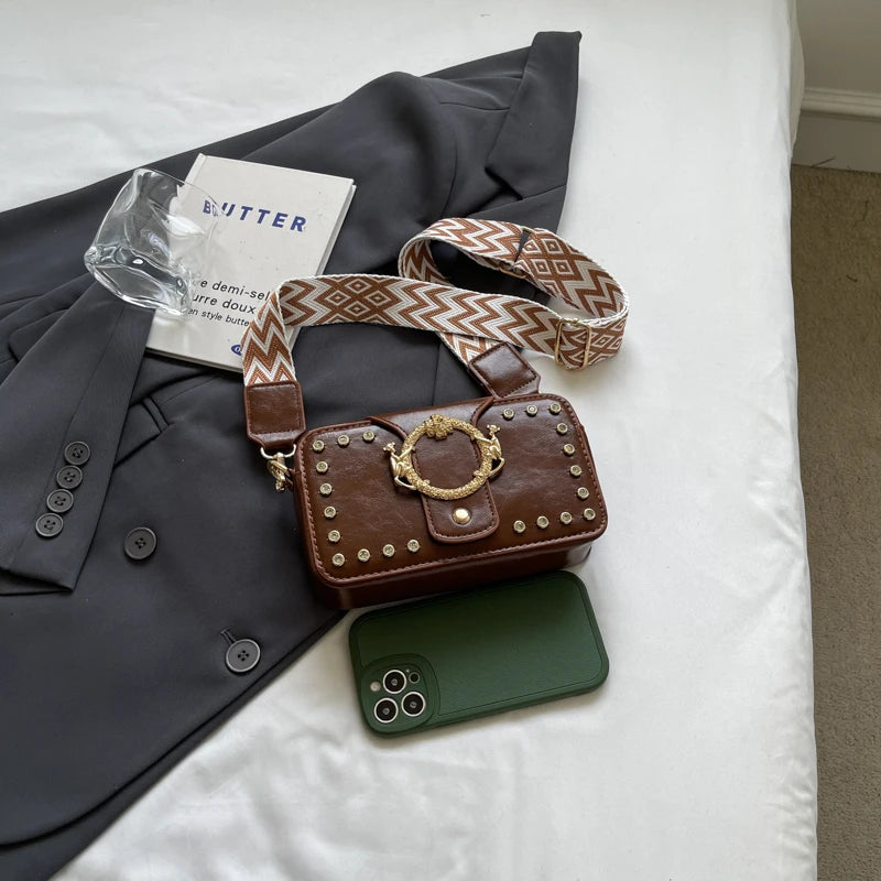 Luxury Rivet Pu Leather Crossbody Bag For Women 2024 New Wide Strap Shoulder Handbag And Purse Black Zipper Messenger Bags