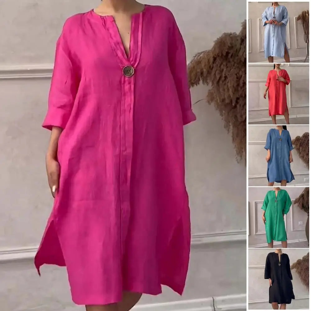 Soft Fabric Women Dress Button V-neck Dress Women's Loose V Neck A-line Midi Dress with Three Quarter Sleeves for Wear