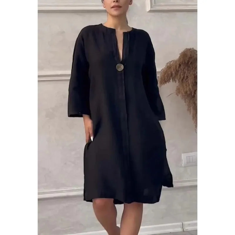 Elegant O-neck Long-sleeved Button Dress For Women's Summer Cotton And Linen Solid Color Loose Casual Simple Shirts Dress Female