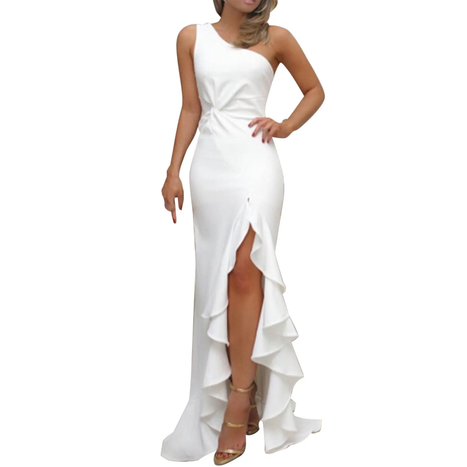 Elegant One Shoulder Ruched Prom Dresses Women Ruffle Waisted Formal Evening Dress Slim White Dress Female Formal Dress платье