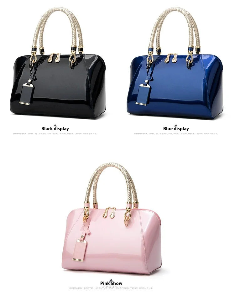 Luxury Designer Handbag Shiny Leather Boston Bag 2024 Fashion New Blue Red Black Beige Pink Bags for Women