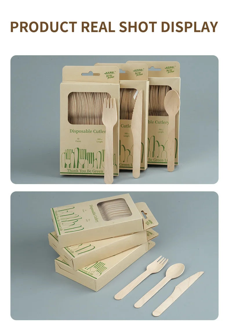 Disposable Wooden Cutlery Set Eco-Friendly  Fork Knife Spoon Wedding Birthday Party Outdoor Picnic Kitchen Recyclable Flatware