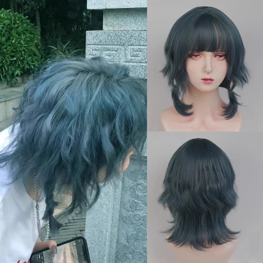 VICWIG Blue Short Wavy Mullet Head Wigs with Bangs Synthetic Lolita Cosplay Women Hair Wig for Daily Party