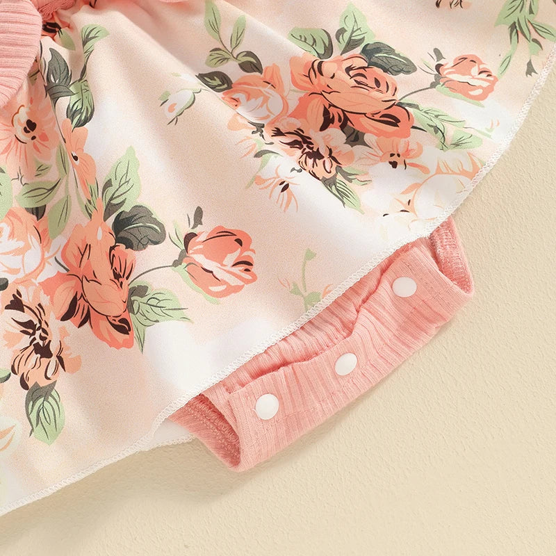 Pudcoco Baby Girl Summer Jumpsuit Floral Print Lace Patchwork Romper Dress and Headband Set Cute Fashion Clothes Outfits 0-18M